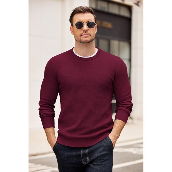 Men's Crewneck Sweater Dress Long Sleeve Pullover Sweater Knit Sweaters Dark Red - Picture 2 of 6